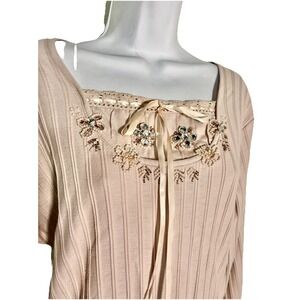 Moka Sport 1X Top Beige Bead & Ribbon Accent LS Ribbed Going Out Casual Feminine